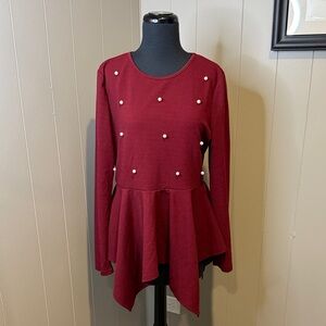 B15 SHEIN Women’s XL Dark Burgundy Blouse with Pearl Details